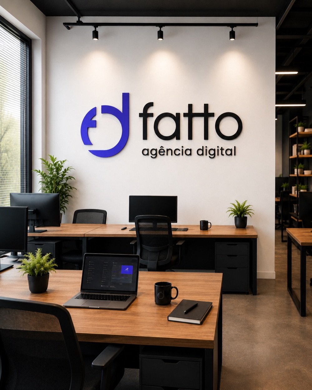 Escritório da Fatto Digital, com a marca na parede